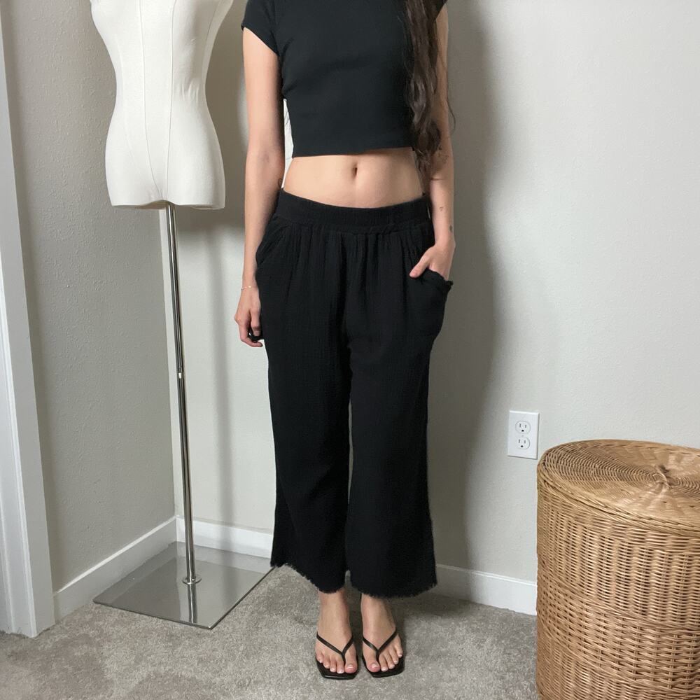 umgee black gauzy cotton low rise minimalist straight wide leg pull on pants